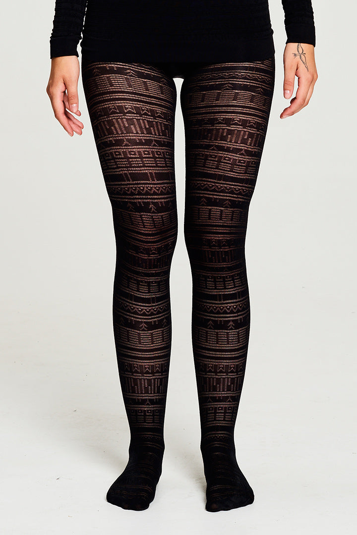 BIBI CHENITZ seamlesss Tattoo Tights. Tights has a Inuit tattoo inspired all-over pattern
