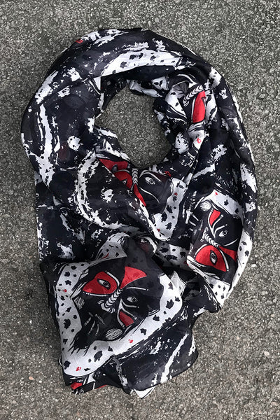 BIBI CHEMNITZ mask dance silk scarf. Original illustration by Maya Sialuk Jacobsen